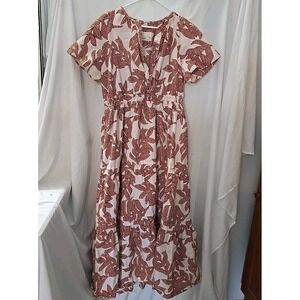 Anthropologie White Maxi Dress with Rust Leaf Print